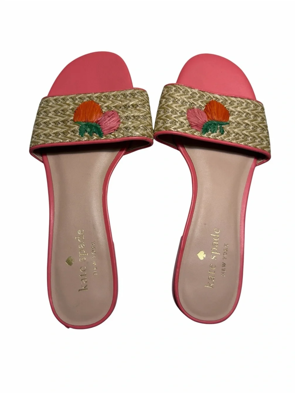 kate spade Finfetti Woven  Strawberry Pink Straw Slide Sandals Sz 7B